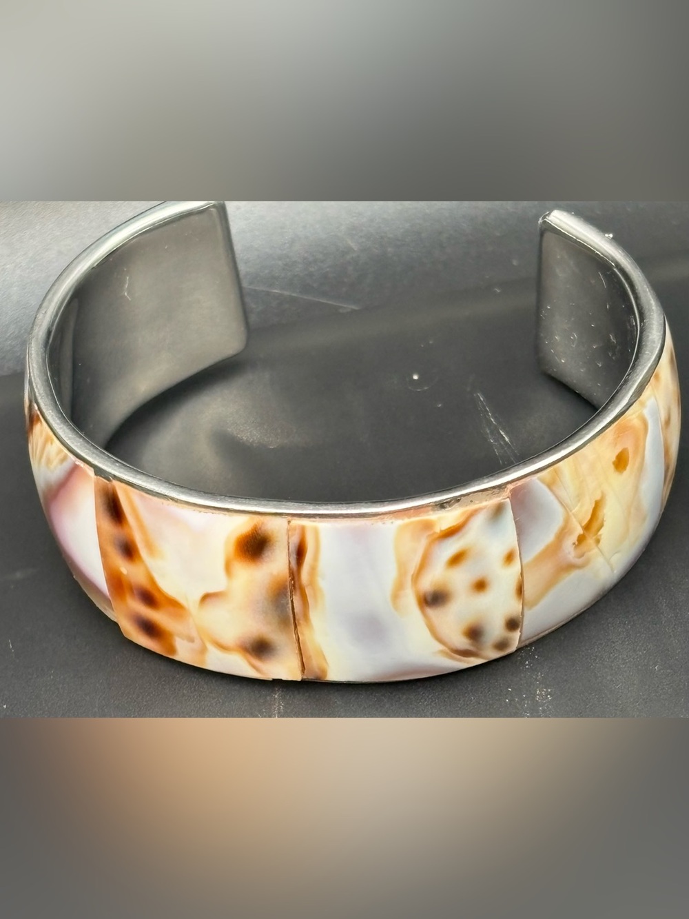 Vintage Tiger Cowrie Shell Inlay Cuff Bracelet Silver Tone Boho Coastal Jewelry